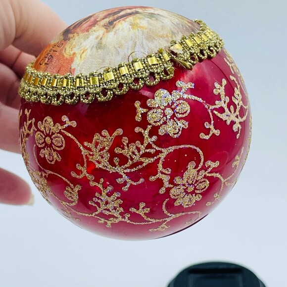 1992 Santa Claus Painted Silk Glass Ball Christmas Tree Ornament Gold Glitter - Picture 5 of 6